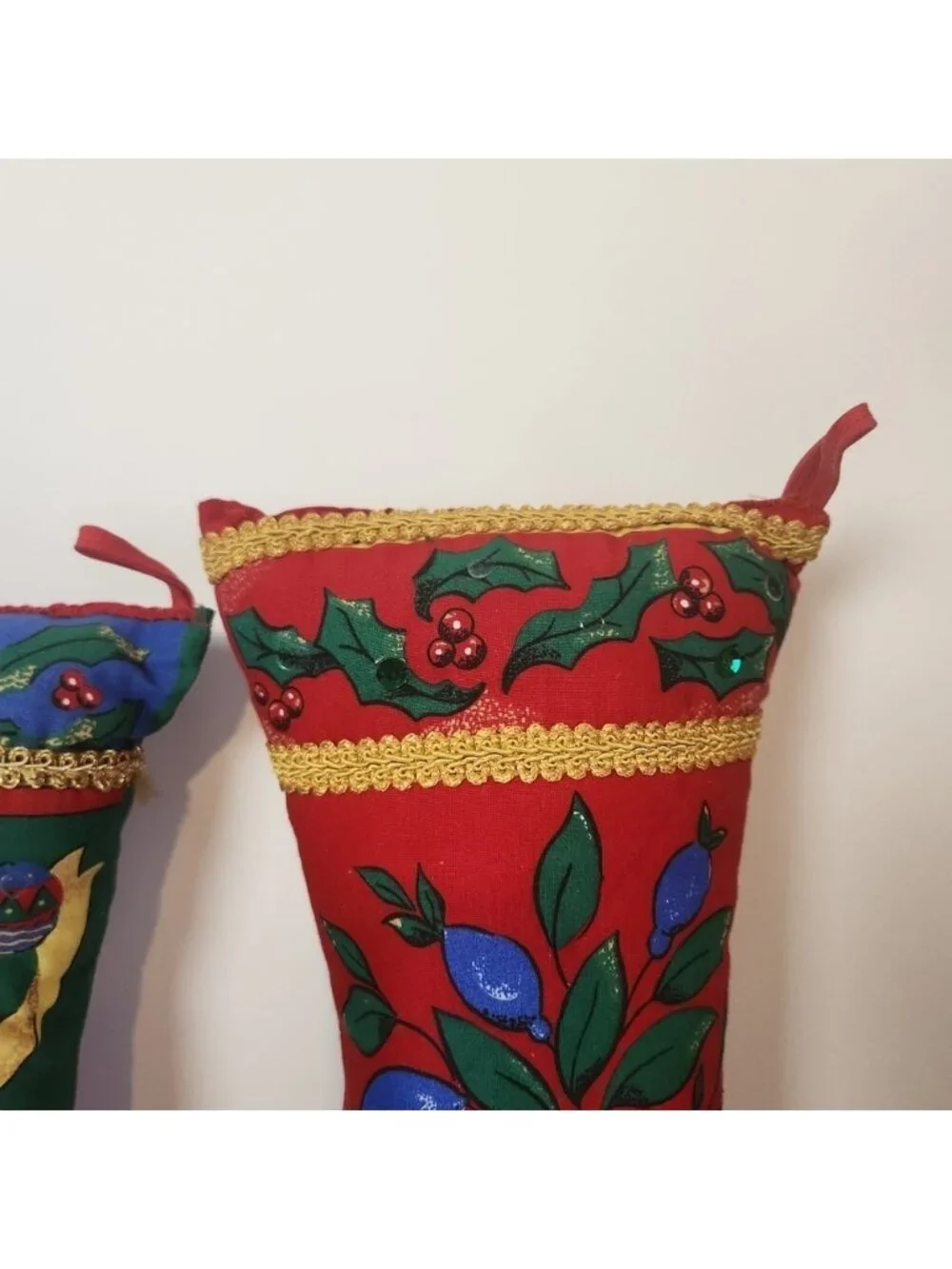 Vintage Stuffed Stocking Pillow Lot of 2 Candle Nutcracker 80s Kitsch Christmas